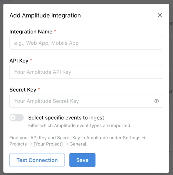Add Amplitude Integration dialog in Tailor AI showing fields for Integration Name, API Key, Secret Key, and an option to select specific events to ingest