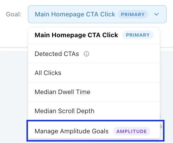 Goal dropdown showing Manage Amplitude Goals option highlighted at the bottom