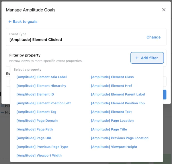 Property filter dropdown showing Amplitude event properties like Element Aria Label, Element Class, Element Href, Page Path, and more