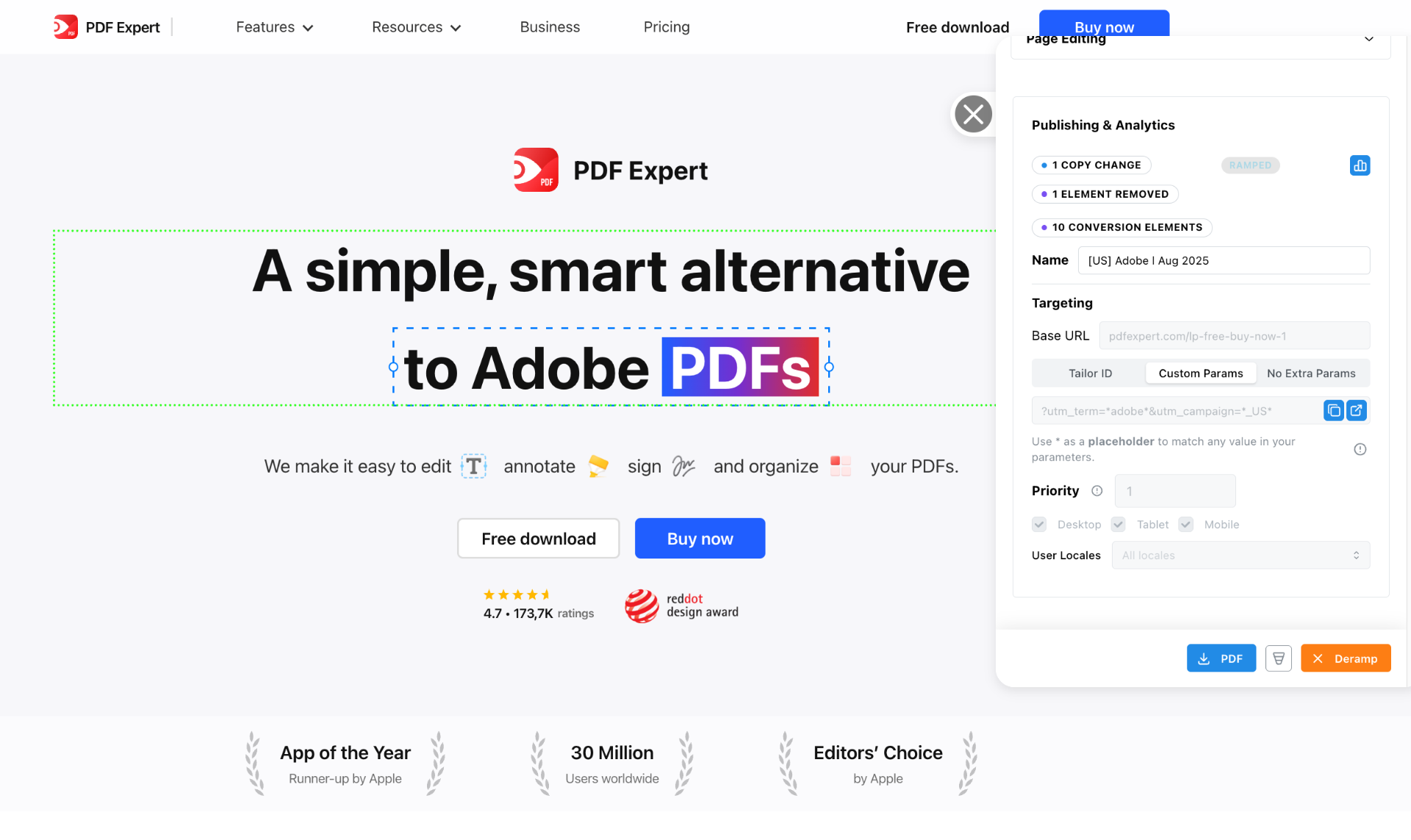 PDF Expert landing page showing personalized content for Adobe alternative searches