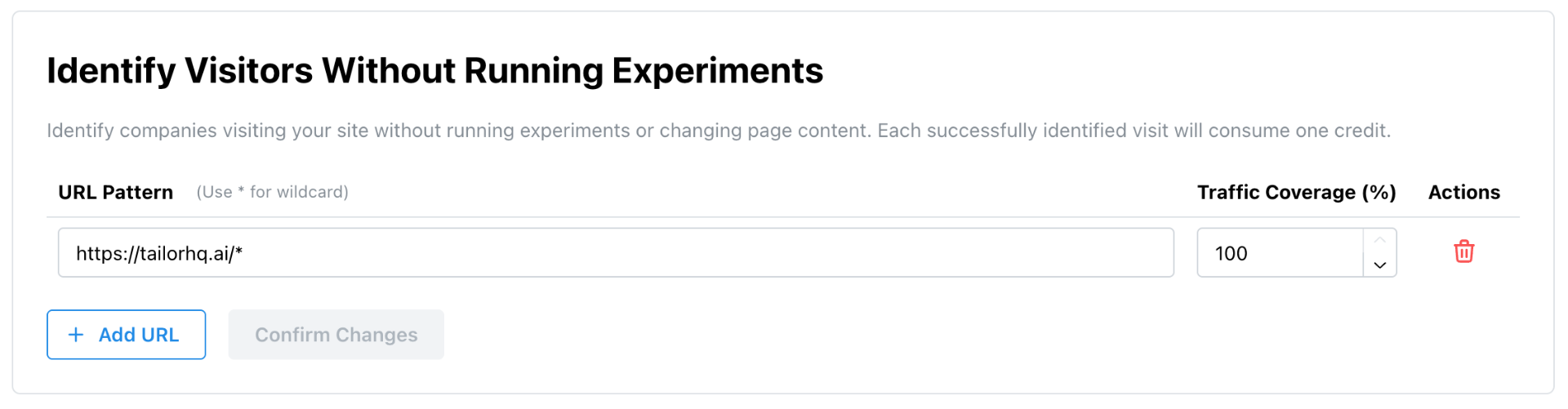 Tailor AI Settings — Visitor Identification section showing URL pattern input, traffic coverage percentage, and action controls